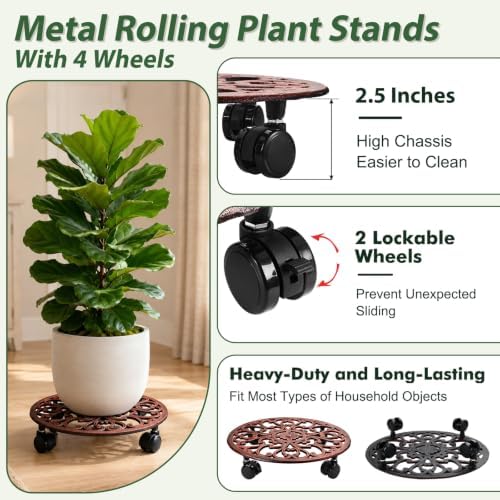 3 Pack 14 In Rolling Plant Stand with Wheels Metal Plant Caddy with Wheels - Image 3