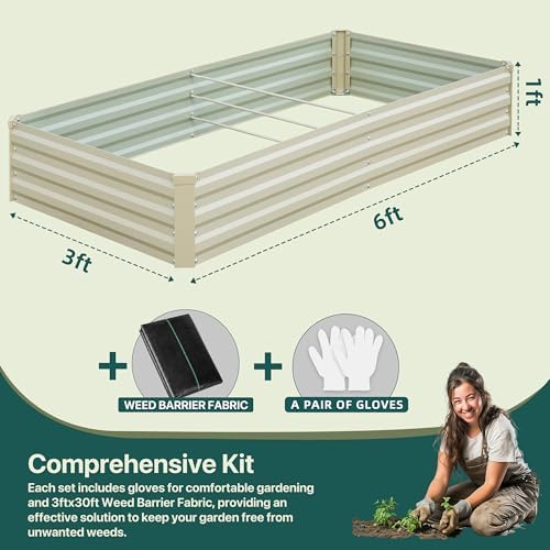 Raised Garden Bed Beige, 6x3x1ft Galvanized Raised Garden Bed Outdoor Metal for Gardening Vegetables Flower Garden Planter Box Large Raised Bed with Gloves and 3ftx30ft Weed Barrier Fabric - Image 3