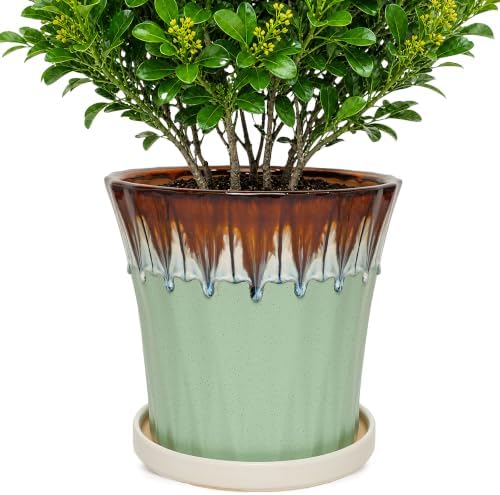 10 Inch Ceramic Planters with Drainage Hole and Saucer,Indoor Outdoor Large Flower Pots, Garden Pot for Plant Lovers (Drip Green) by Unknown