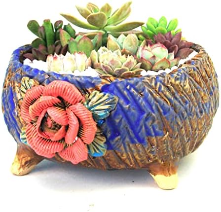 6.3 Inch Succulent Pot Handmade Flower Design Round Ceramic Antique Plant Pot Cactus Pot Planter with Drainge and Mesh Pad (Red) by SUMMERIMPRESSIONS