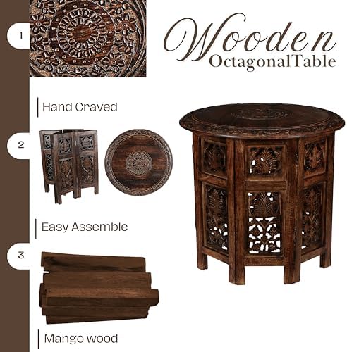 Carved Wood Round Side Table, White, 18x18 - Image 3