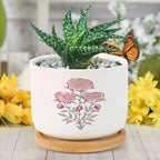 Mughal Flower Planters Ceramic Pink Flower Round Flower Pots with Drainage Holes and Bamboo Tray Pot for Succulents Cactus Garden Windowsill - Image 6