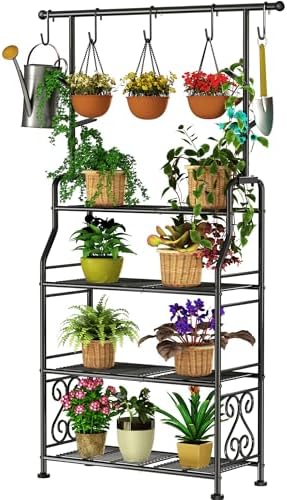 GIOTORENT Plant Stand Indoor Outdoor, 4-Tier Heavy Duty Metal Shelves, Display up to 17 Multiple Plants, Tall Plant Holder with Plant Hanger, Suit for Patio Living Room Garden Balcony, 5 Hooks, Black by GIOTORENT