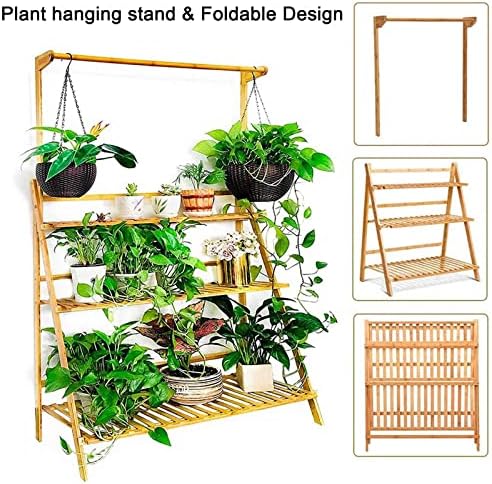 LIGUOYI 3-Tier Bamboo Ladder Plant Shelf, Outdoor Planter Display Shelving, Hanging Folding Flower Pot Organizer Rack, Clothes Rack Multi Storage Corner Shelf for Indoor Outdoor Homedecoration - Image 4
