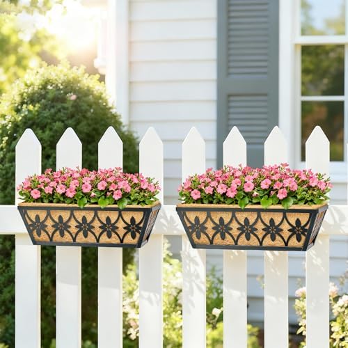 16 Inch Window Boxes Planters Railing Planter Box - 2 Pack Deck Railing Planter Boxes with Adjustable Brackets Coco Liners Balcony Planters Railing Hanging for Window Flower Boxes Outdoor Garden Decor - Image 4