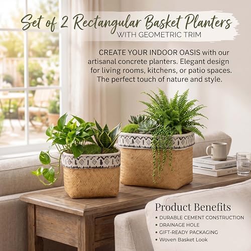 Set of 2 Rectangular Cement Plant Pots with Modern Geometric Trim - Small Rustic Farmhouse Bonsai Succulent Container for Indoor Outdoor Garden Home Decor - Large 8" & Small 6.5" - Image 2