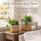 Set of 2 Rectangular Cement Plant Pots with Modern Geometric Trim - Small Rustic Farmhouse Bonsai Succulent Container for Indoor Outdoor Garden Home Decor - Large 8" & Small 6.5" - Image 2
