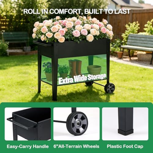 31.5" Tall Elevated Mobile Raised Garden Bed with Wheels and Shelf - Image 5