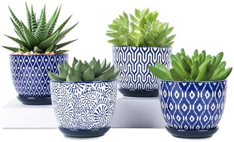 Selamica Ceramic Plant Pots, 4.6 Inch Flower Pots for Indoor Plants, Succulent Pots with Drainage Hole & Saucer, Succulent Planters for Succulent Cactus, Home Decor, Set of 4, Vintage Blue by Selamica