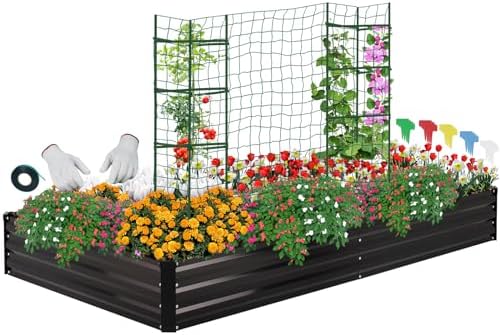 ONCEMORE Galvanized Raised Garden Bed for Vegetables Flowers Herbs, Metal Raised Garden Bed Kit with 2 PCS Tomato Cage, Gloves, Trellis Netting, Plant Labels, Plant Ties, Black 6×3×1FT by ONCEMORE