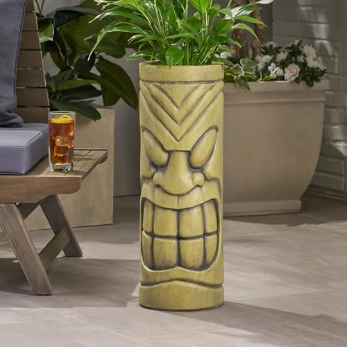 Christopher Knight Home Jorine Lightweight Concrete Planter, Cast Stone Planter, Tiki Totem Urn, Tall Plant Pot, Polynesian Garden Pot with Drainage Hole for Backyard Hall Garden, Antique Green by ChristopherKnightHome