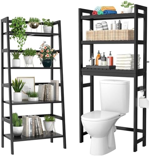Homykic Bamboo Over The Toilet Storage and Ladder Shelf Bundle, Black by Homykic