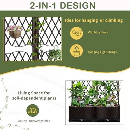 Raised Garden Bed with Trellis, Outdoor Free-Standing Trellis Planter Box with Drainage Holes, Privacy Planter for Patio, Above Ground Elevated Garden Bed for Outdoor Climbing Plants Vines (Brown) - Image 2