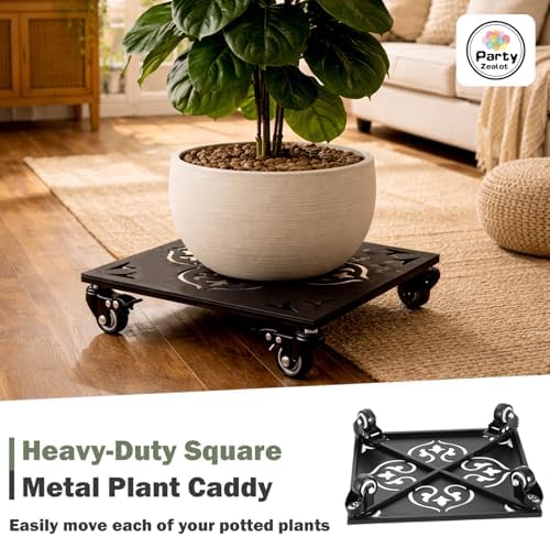 2-Pack 12 Inch Large Square Metal Plant Caddy with Wheels Heavy-duty Rolling Plant Stands with Casters Wheeled Flower Pot Mover Rollers Rust-proof Iron Planter Dolly Coasters Indoor Outdoor Use - Image 4