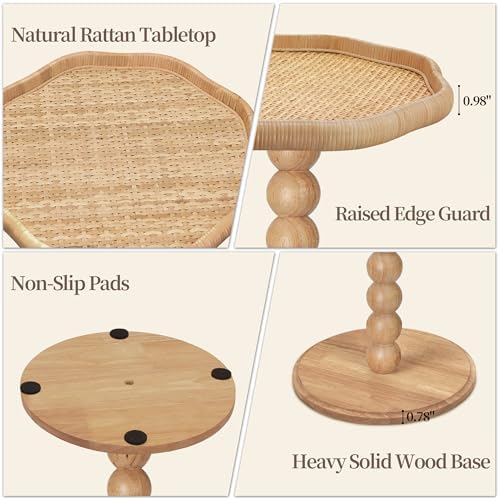 Drink Table, Boho Rattan Flower Small Side Table for Small Spaces, Solid Wood Modern Nightstand for Living Room, Bedroom, Farmhouse, Corners - Image 5