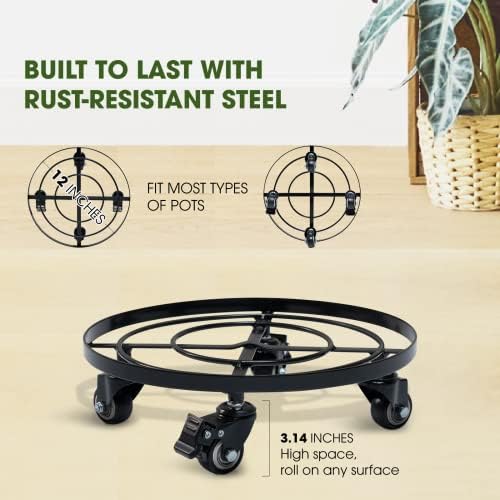 Idzo 2 Pack Upgraded Lockable Metal Heavy Duty Trolley Plant Caddy, Plant Stands, 12 Inch, 2 pcs - Image 5