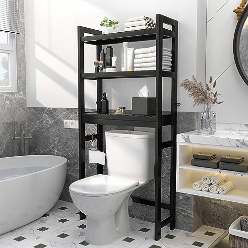 Homykic Bamboo Over The Toilet Storage and Ladder Shelf Bundle, Black - Image 2