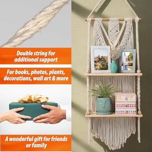 Macrame Wall Hanging Shelf - Boho Shelves Bedroom Decor | Macrame Wall Decor for Kitchen, Plant Hanger Shelves, Woven Rope Floating Shelves & Home Storage Organizer - 2 Tier - Image 4