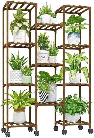 Bamworld Plant Stand With Wheels Indoor Outdoor Wood Plants Shelf for Multiple Plants 11 Pots,Tall Large Flower Holder for Living Room, Patio, Balcony, Garden by Bamworld