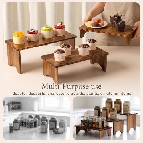 Rtteri 3 Set Scalloped Wooden Cupcake Stand Rustic Home Wood Riser 3 Tier - Image 4