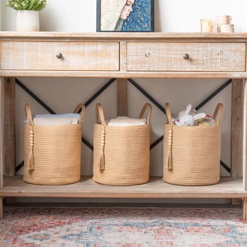 Mkono Woven Storage Basket Decorative Natural Rope Basket and Macrame Hanging Shelves Boho Wall Decor Set of 2 - Image 2