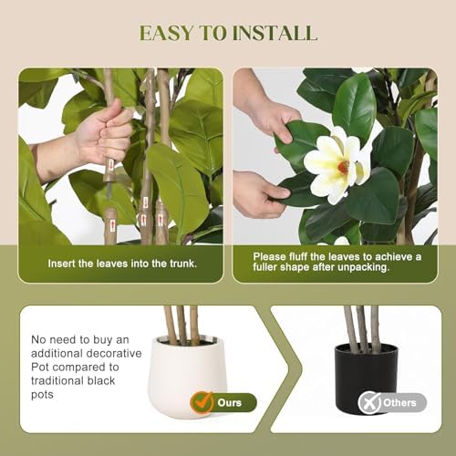 5FT Artificial Fiddle Leaf Fig & Magnolia Tree with White Blooms, White - Image 6