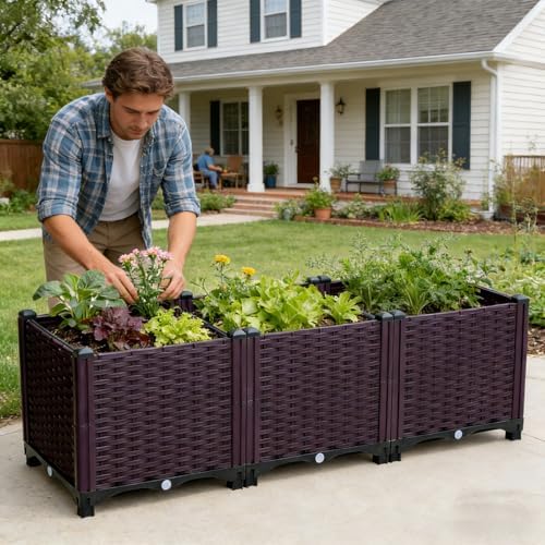 3 Grid Integrated Raised Garden Bed, Elevated Plastic Planter Box with Drainage Holes, Easy Assembly Outdoor Gardening Container for Vegetables Herbs Flowers, Ideal for Patio Balcony Backyard - Image 3