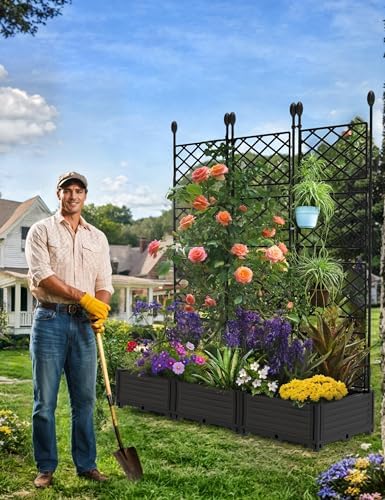 3 PCS Raised Garden Bed with Trellis & Privacy Screen, 50" x 63" Tall Vertical Garden Planter Box for Climbing Plants, Outdoor Trellis for Vegetables, Flowers, Patio, Balcony, Garden Black - Image 4
