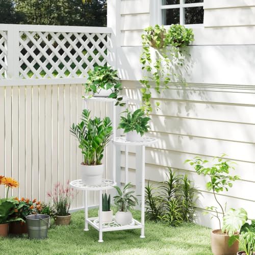 4 Tier Plant Stand Indoor Outdoor, Tall Metal Corner Flower Shelf Holder for Multiple Plants, Space-Saving Rustproof Plant Display Rack for Patio Balcony Garden Living Room Porch, White - Image 2