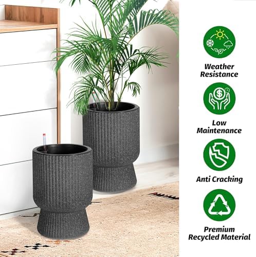 14 Inch Self Watering Planters Set of 2 with Water Level Indicator, Textured Modern Tall Indoor Outdoor Planter Pots, Black Flower Pot with Inner Bucket for Patio, Home, Office - Image 2