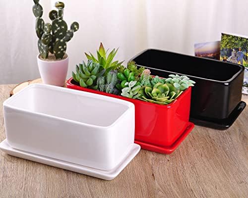 VanEnjoy 10 Inch Red Rectangle Ceramic Succulent Planter Pot Decorative Cactus Plant Pot Flower Container with Ceramic Tray - Image 7