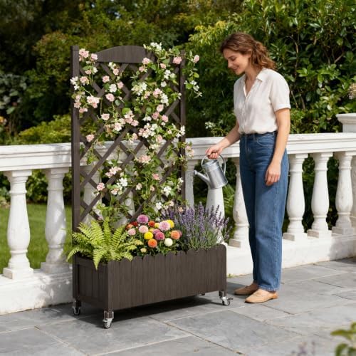 COMHOMA Planter Box with Trellis and Wheels, 48In Elevated Raised Garden Bed, Drainage Holes, Outdoor Lattice for Climbing Flowers, Vegetables, Patio Balcony, Brown - Image 6