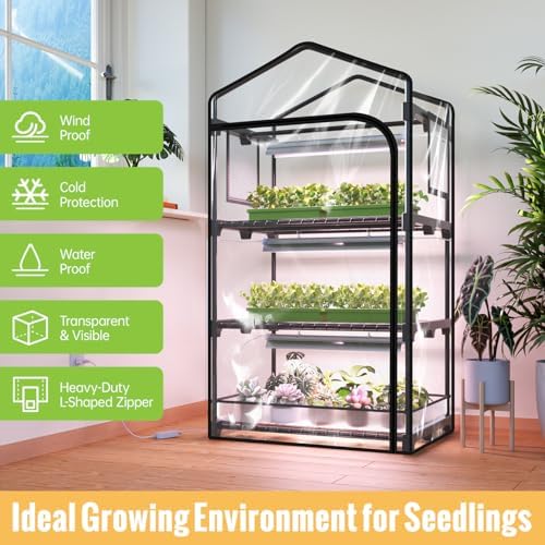 Indoor Greenhouse with Grow Light, 3-Tier Plant Shelf, 27x19x49in - Image 3