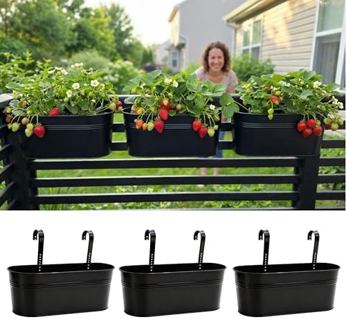 LaLaGreen Hanging Rail Planter (17 in, 3 Pack) Black Metal Deck Fence Pots by L%C3%A1L%C3%A1Green