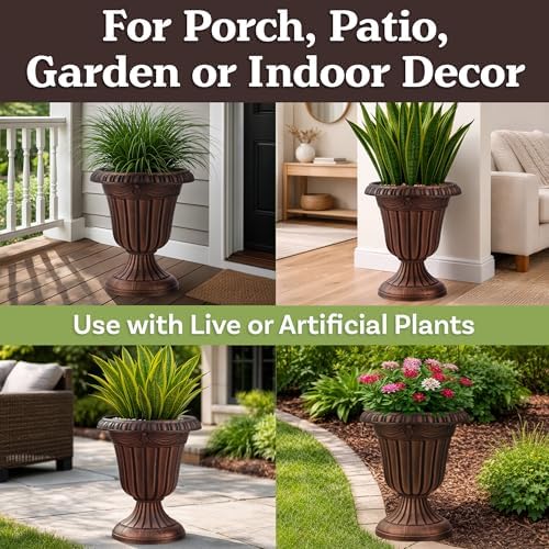 Outdoor Planter 2-Pack - 16x18-Inch Urn Planters for Front Porch Decor, Indoors, Patio or Entryway - Plastic Plant Pots - Large Decorative Flower Pots by Pure Garden (Rustic Bronze) - Image 4
