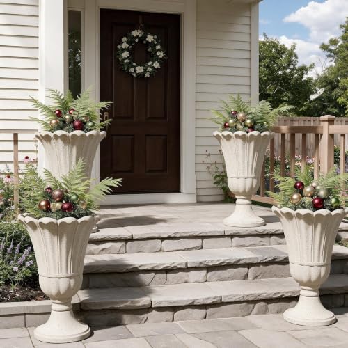 Tall Plastic Urn Planters and Pedestal - 24" Outdoor Planter Beige - Image 2