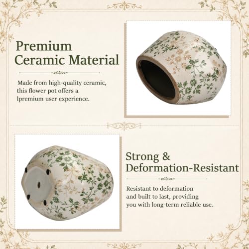 9.8 Inch Large Vintage Ceramic Planter Ice Crack Glaze Pink Wildflowers Plants Pot with Drainage Hole Rustic Antique Flower Pot Decorative Gifts for Home Kitchen Office Indoor Outdoor Plants - Image 3
