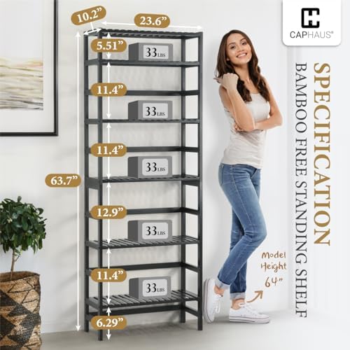 Fencer Wire 6-Tier Bamboo Shelf, Bamboo Open Storage Bookcase with Adjustable Layer, Freestanding Plant Display Stand, Multifunctional Storage Rack Stand for Bathroom, Bedroom, Kitchen, Black - Image 3