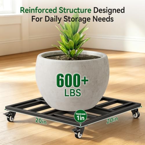20" Plant Caddy with Wheels, Rolling Metal Plant Stand Holds up to 600 lbs, Square Plant Dolly with Lockable Caster Wheels for Large Planter Pots, Heavy Items, Indoor and Outdoor Use (black) - Image 3