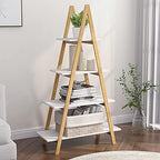 4-Tier Ladder Bookcase with Solid Bamboo Frame A Shape Multifunctional Display Shelf Ladder Shelf freestanding for Home Office，White/Wood (A-Frame Shelf) - Image 5