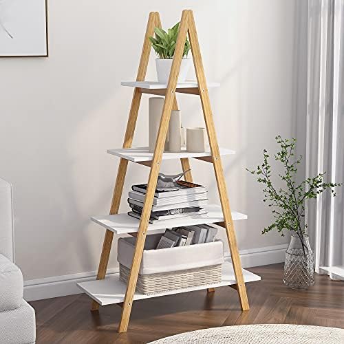 4-Tier Ladder Bookcase with Solid Bamboo Frame A Shape Multifunctional Display Shelf Ladder Shelf freestanding for Home Office，White/Wood (A-Frame Shelf) - Image 5