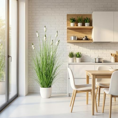 Artificial Plants Indoor Tall Grass Plants with Hyacinth Flower 47.2In Tall Artificial Ornamental Grass Green Onions Outdoor Fake Plants with Black Pot Home Office Decorative (1 Pack,White) - Image 3