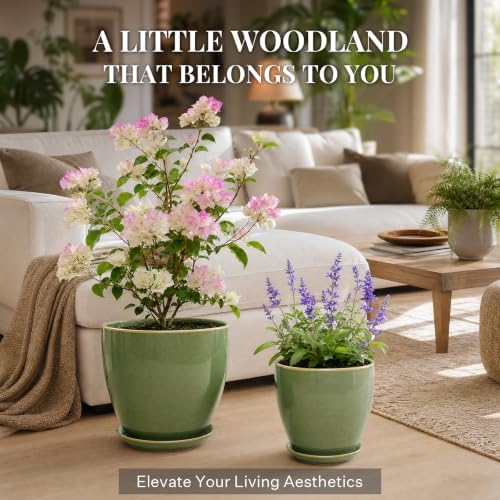 10 Inch Ceramic Planter with Drainage Hole Saucer(Crisp Green) - Image 2