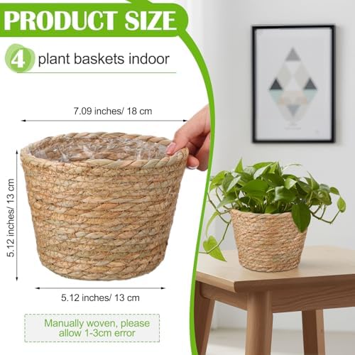 4 Pcs Straw Plant Baskets Indoor Rattan Woven Flower Baskets with Plastic Liner, Cattail Plant Planter for Indoor Outdoor Rustic Boho Home Farmhouse Floor Potted Pots Decor - Image 2