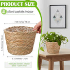 4 Pcs Straw Plant Baskets Indoor Rattan Woven Flower Baskets with Plastic Liner, Cattail Plant Planter for Indoor Outdoor Rustic Boho Home Farmhouse Floor Potted Pots Decor - Image 2