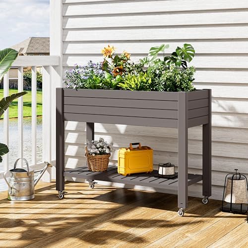 33.7" Tall Raised Garden Bed with Wheels, Divisible Plastic Planter Box with Drainage Gauge & Storage Shelf, Herb Garden Planter for Garden Patio Backyard, Gray (33.7" h) - Image 2