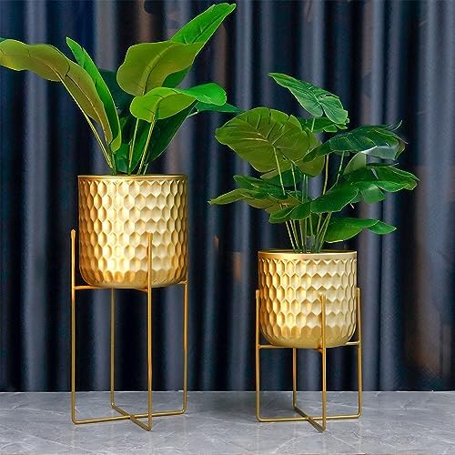TRIROCKS Set of 2 Planters with Stand Indoor Otdoor Metal Plant Stand 8 * 18 &7 * 12 "Modern Planters Flower Pots for Living Room Corner Kitchen Office Garden Balcony Patio Decor(Gold) - Image 5