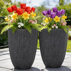 19" Black Concrete-Look Resin Tall Planters with Fluted Texture - Image 4
