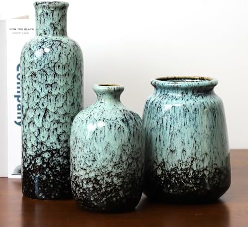 Ceramic Vase Set of 3, Small Rustic Flower Vases for Home Decor, Mint Green by TerracottaVase