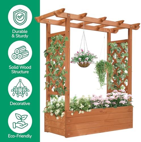 Outvita Raised Garden Bed with Trellis, Wood Planter Box with Hanging Roof, Side Trellis and Drainage Holes, Above Ground Elevated Garden Bed for Outdoor Climbing Plants Vines Vegetables (Teak Color) - Image 2